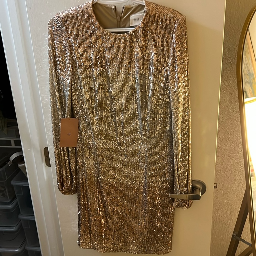 BHLDN Gold Sequin Long Sleeve Dress